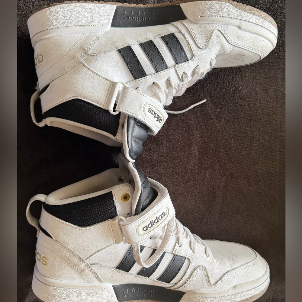 Men’s size 12 Adidas White High-Top Sneakers with Black Stripes - Picture 8 of 10